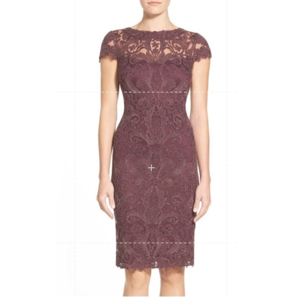 Tadashi Shoji Illusion Yoke Lace Sheath Dress Blackberry Burgundy - Size 12 - Picture 16 of 16